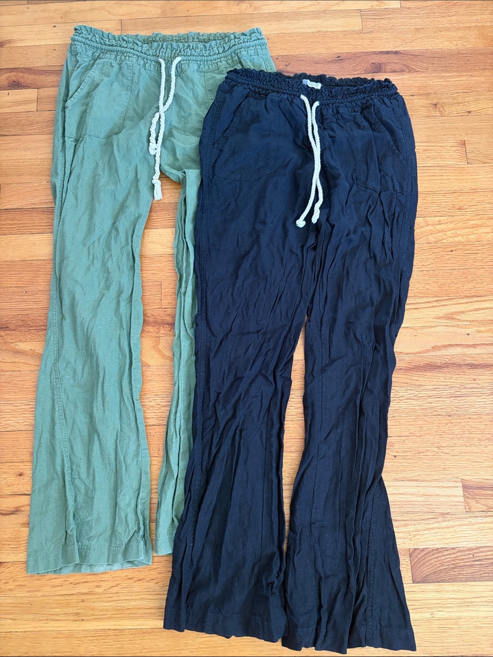 Roxy Set of Two Drawstring Linen Pants  - Black & Sage Green